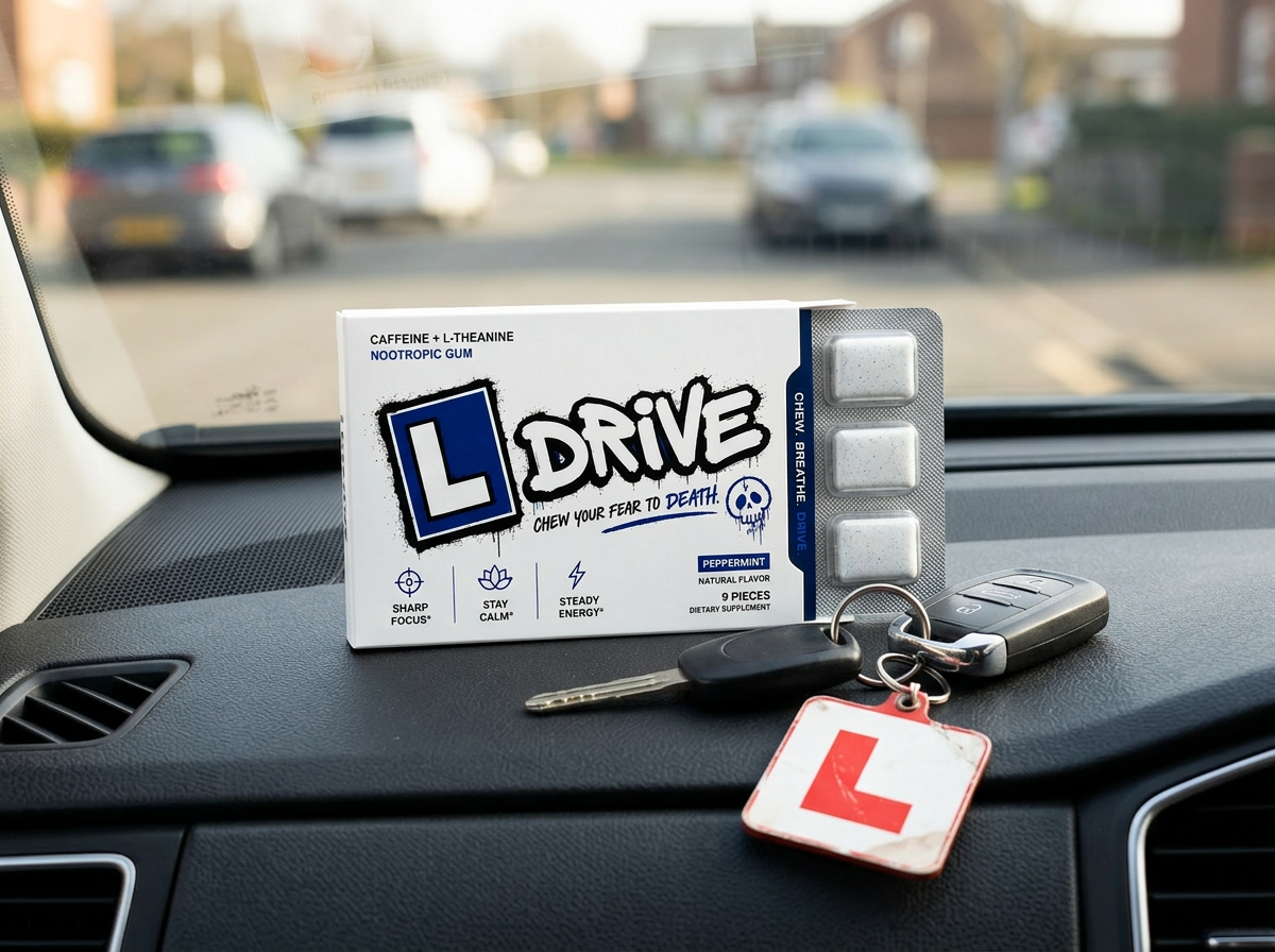 L-Drive verpakking op het dashboard naast autosleutels met L-bord.