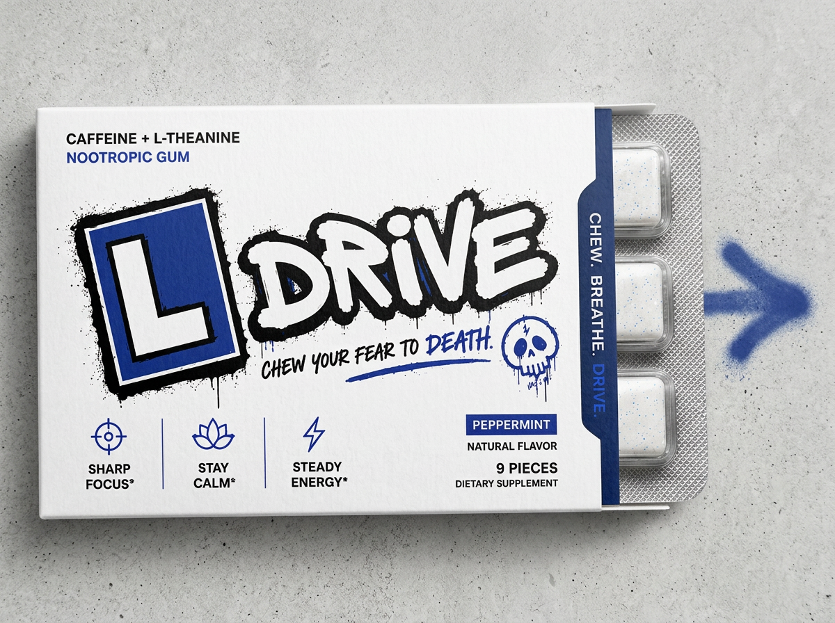 Top-down shot van de L-Drive verpakking op beton met blauwe spray-pijl.